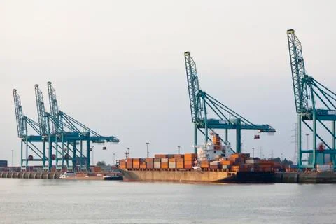 A container ship at the terminal with tall cranes. Taken in Antwerp, Belgium. Stock Photos