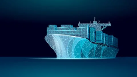 Container ship transportation symbol. 3D low poly sea map industrial technology Stock Illustration
