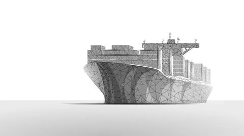 Container ship transportation symbol. 3D low poly sea map industrial technology Stock Illustration