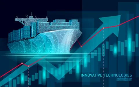 Container ship transportation symbol. 3D low poly sea map industrial technology Stock Illustration