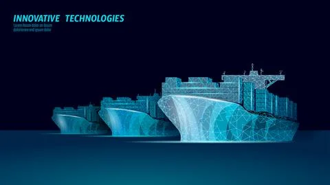 Container ship transportation symbol. 3D low poly sea map industrial technology Illustrazione stock