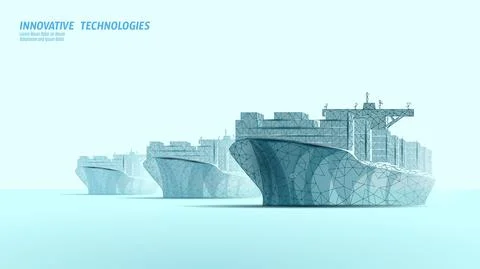 Container ship transportation symbol. 3D low poly sea map industrial technology Stock Illustration