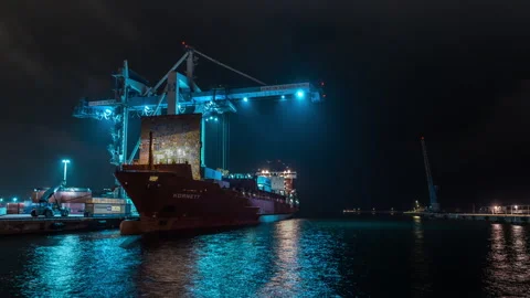 Container Ship Under Gantry Crane at Night Port Terminal Stock Footage 344138088