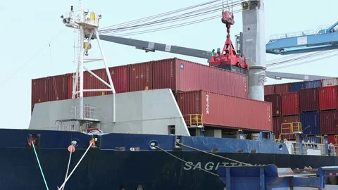 Container ship unloading cargo at busy port during sunny day Stock Footage 318212111