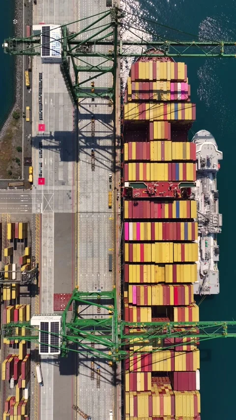 Container ship unloading cargo at a busy container terminal Stock Footage 340234840