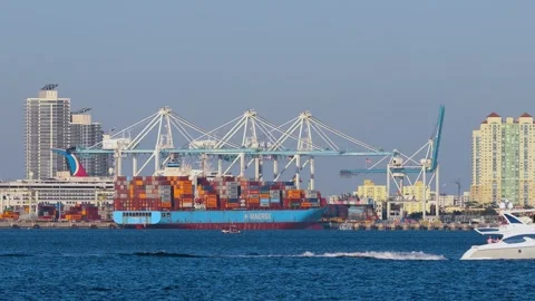 Container ship unloading cargo at Port of Miami harbor Video stock 329659618