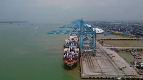 Container ship unloading operations Port Klang. Nice aerial view drone Stock Footage 344612820