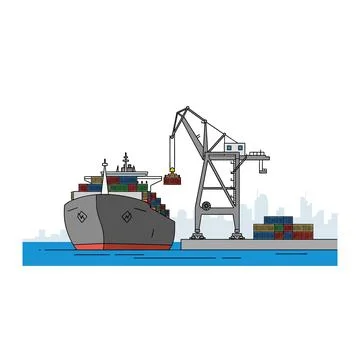 Container ship unloading at port with crane and city skyline Stock Illustration