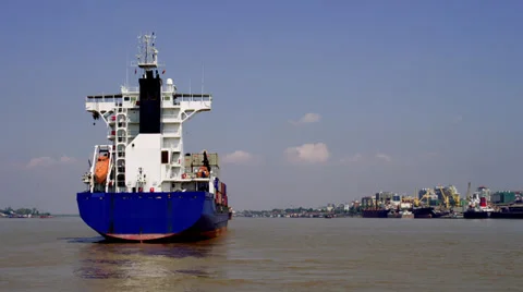 Container ship waiting to dock at Yangon Port Stock Footage 33625305