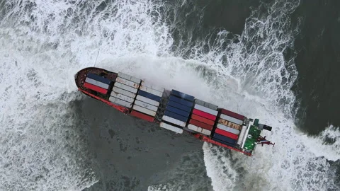 Container ship, which ran aground during a storm. Shipwreck. Giant waves Stock Footage 172057311