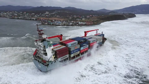 Container ship, which ran aground during a storm. Shipwreck. Giant waves Stock Footage 217461420
