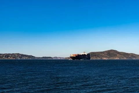 Container ship while cruising the pacific ocean near San Francisco Bay, San F Stock Photos