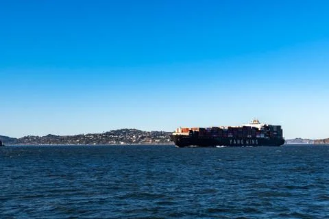 Container ship while cruising the pacific ocean near San Francisco Bay, San F Stock Photos