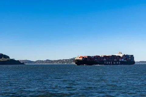 Container ship while cruising the pacific ocean near San Francisco Bay, San F Stock Photos