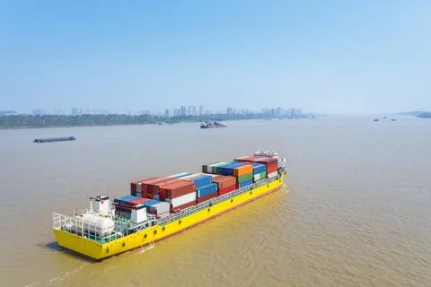 Container ship on the yangtze river inland water transport, a container sh... Stock Photos