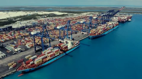 Container Shipment Port and Maritime Logistics Aerial, Bahamas Stock Footage 104018353