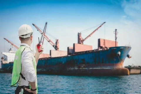 Container Shipping Supervisor Control Import/Export in Loading Commercial Doc Stock Photos