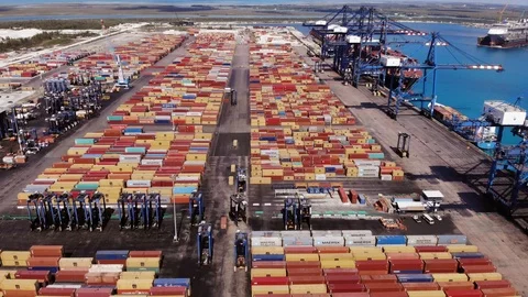 Container Shipping Terminal and Port Infrastructure Aerial, Bahamas Stock Footage 104022037