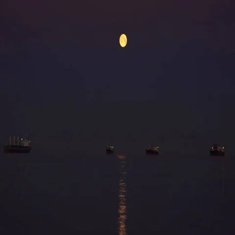 Container ships anchored in a Bay, lit by a bright full moon above Stock Footage 69724552