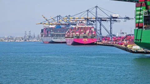Container ships docked at Long Beach terminal with stacked containers and Stockbeeldmateriaal 331324495