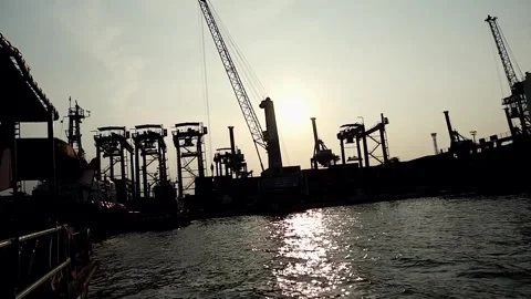 Container ships loading and discharging by shore crane at port. Stock Footage 314670344