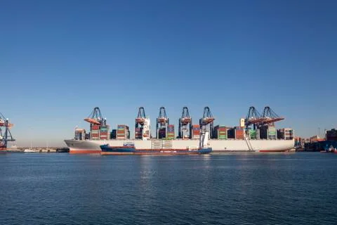 Container ships, unloading and loading in the terminal of Port of Rotterdam Stock Photos