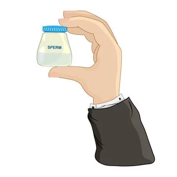 Container with sperm in human hand isolated on white background.Sperm donor. Stock Illustration