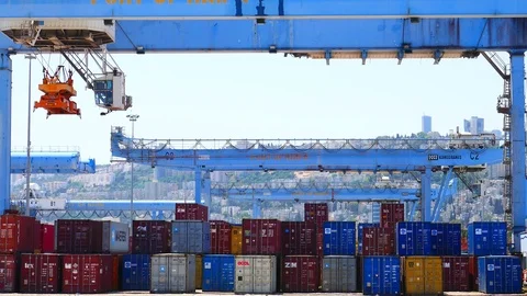 Container stack yard &amp;amp; gantry crane move 4k intro video for business Stock Footage 90216868