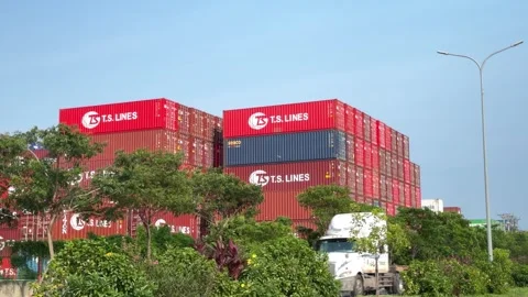 Container stacks at Dinh Vu port terminal. Stock-Footage 343140333