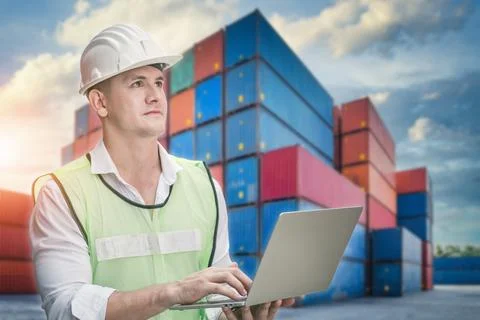 Container Supervisor Control Import/Export While Inspecting Containers Box in Stock Photos