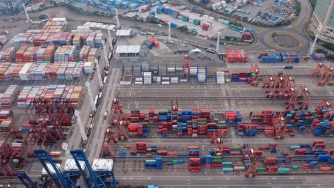 Container terminal from above, containers, cranes and loading equipment Stock Footage 124369631