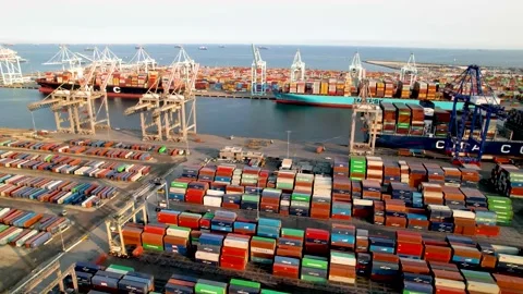 Container Terminal and Cargo Ships in Long Beach Harbor, 4K Stock Footage 160313296