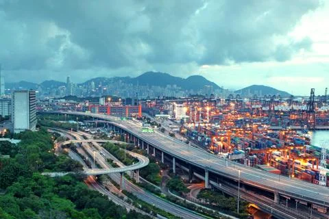 Container terminal and stonecutter bridge in hong kong Stock Photos