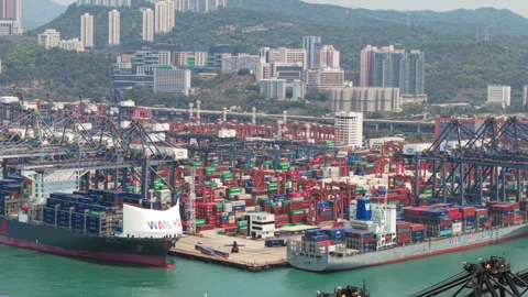 Container Terminal. Container Ship Docking at Busy Port in Hong Kong. Stock Footage 311002825