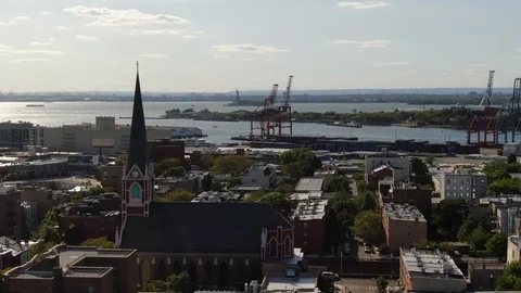 Container terminal cranes and the harbor beyond Red Hook 動画素材 115053235