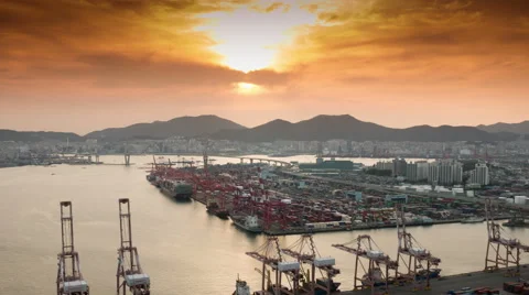 Container Terminal, Day to Night 4K Timelapse, Busan in South Korea Stock Footage 64026063