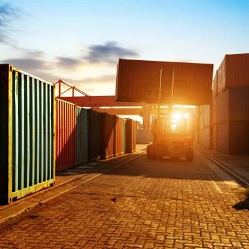 The container terminal at dusk Foto stock