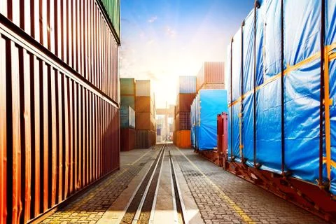 The container terminal at dusk Stock Photos