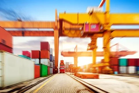 The container terminal at dusk Stock Photos
