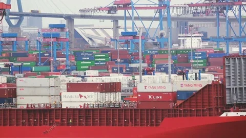 Container terminal on the Elbe river and bridge Kolbrandbrcke Stock Footage 71058314