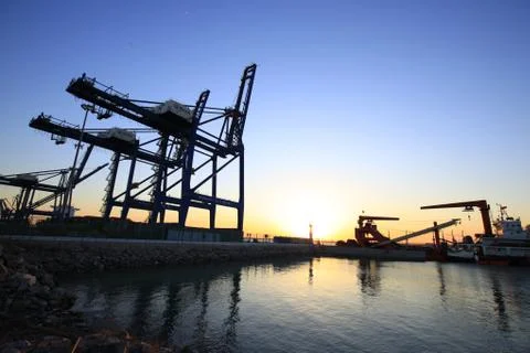 Container terminal in the evening Stock Photos