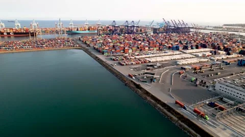 Container Terminal Fly-In, Los Angeles–Long Beach Ports, 4K Stock Footage 160313384