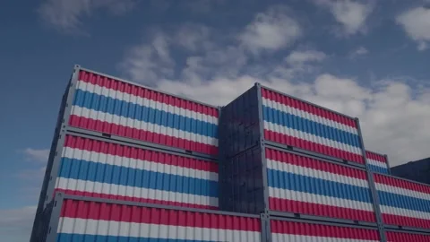 Container terminal full of containers with flag of Thailand. Export or import Stock Footage 195701267