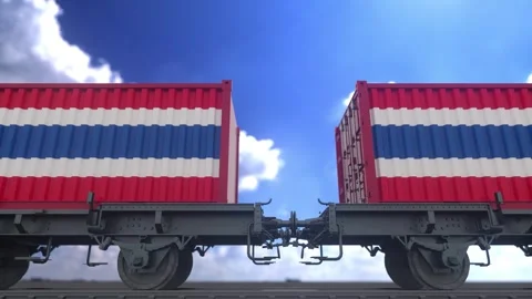 Container terminal full of containers with flag of Thailand. Export or import Stock Footage 255602568