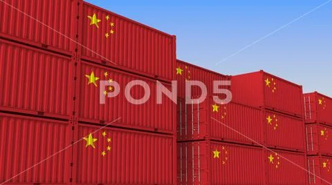 Container terminal full of containers with flag of China. Chinese ...