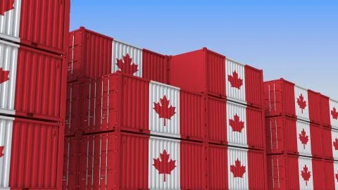 Container terminal full of containers with flag of Canada. Canadian export or Illustrazione stock