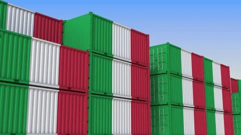 Container terminal full of containers with flag of Italy. Italian export or Stock Illustration