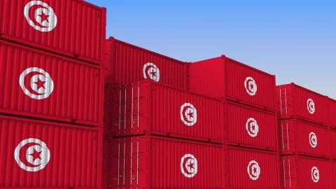 Container terminal full of containers with flag of Tunisia. Tunisian export or Stock Illustration