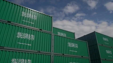 Container terminal full of containers with flag of Saudi Arabia. Export or Stock Illustration