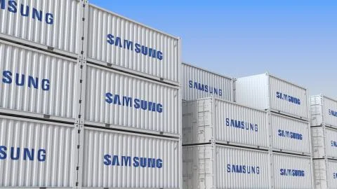 Container terminal full of containers with logo of Samsung. Shipment, export or Stock Illustration